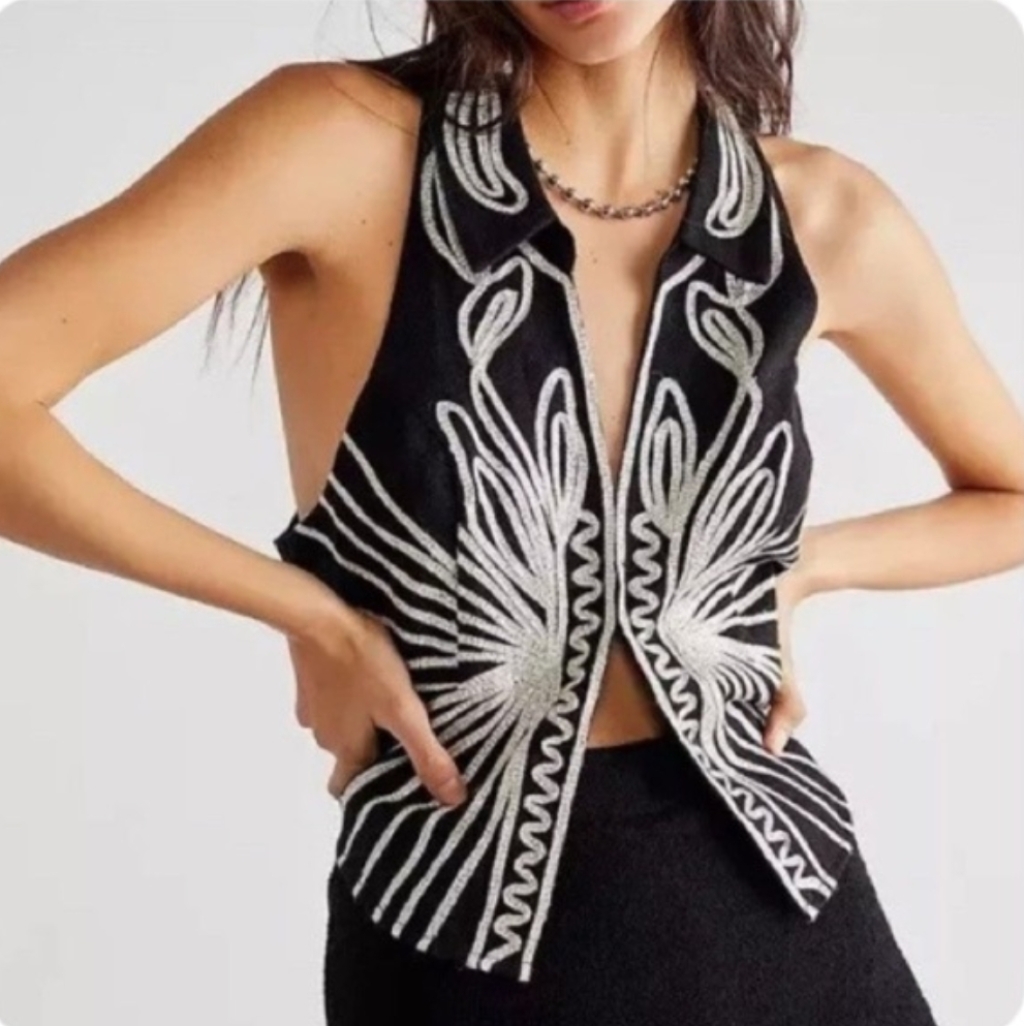 Free People Head West Silver Metallic Embroidered Vest , Small Nwt